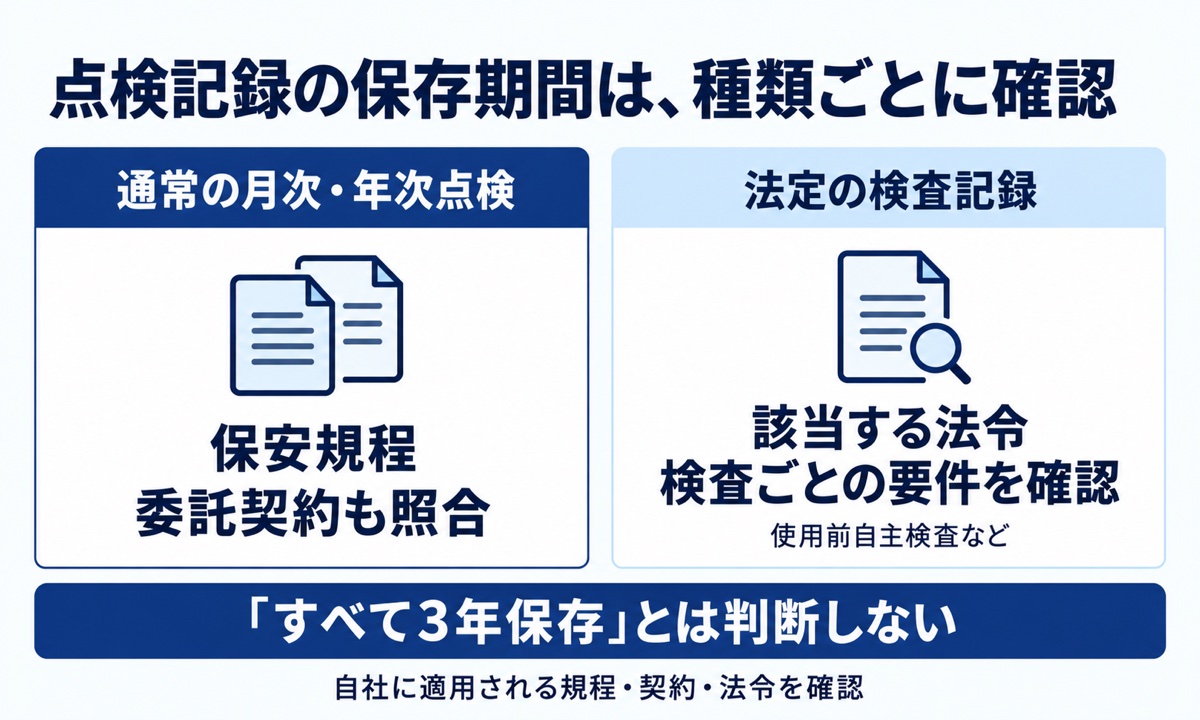 通常の月次・年次点検は保安規程と委託契約を照合し、法定の検査記録は該当法令の要件を確認する考え方