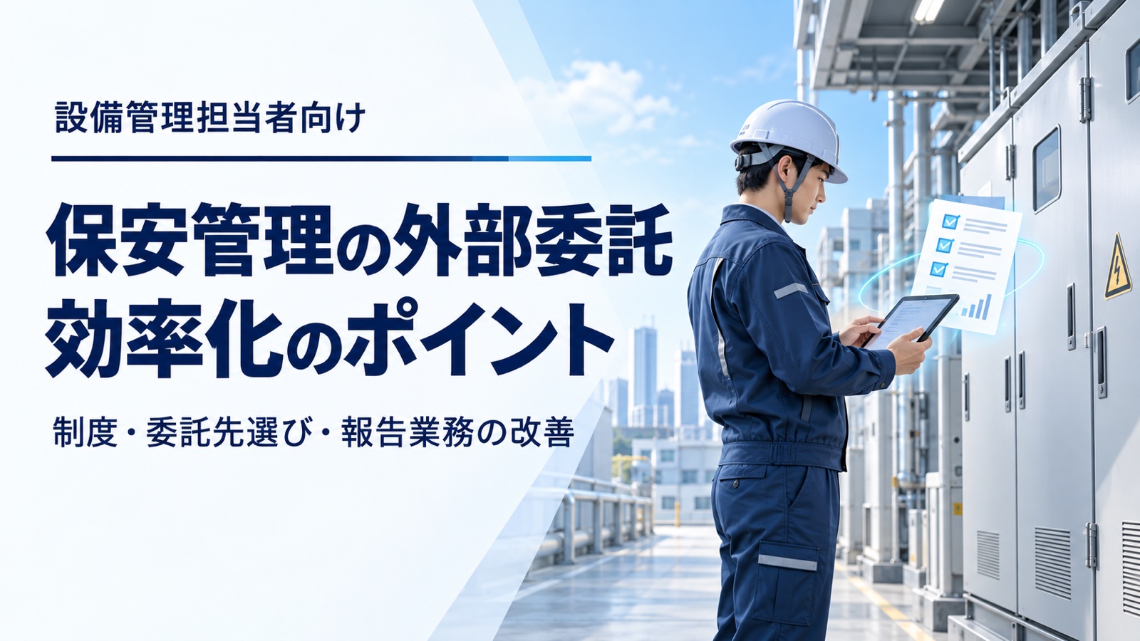 保安管理の外部委託と報告業務の効率化をテーマに、タブレットで記録を確認する電気保安担当者